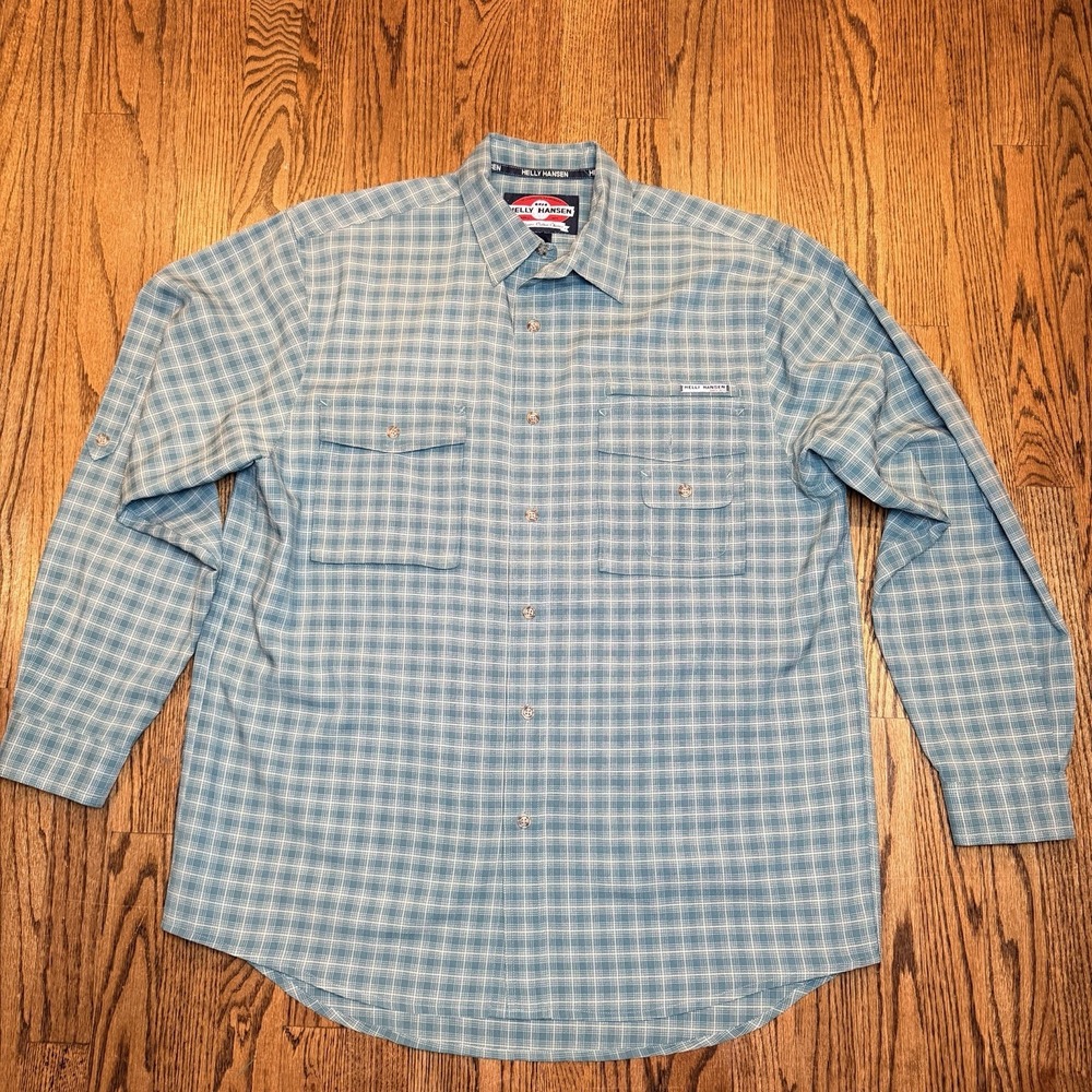 Helly Hansen Plaid‎ Ventilated Hiking Fishing Shirt Large Blue L